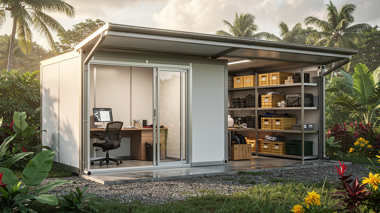 Base modulaire en Guyane avec un bureau intégré dans un petit bâtiment préfabriqué et une zone de stockage sur site, entourée de végétation tropicale, lumière naturelle chaude et détails nets.
