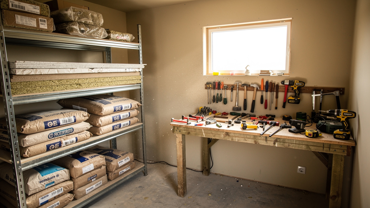 Intérieur d’un bungalow de chantier fonctionnel : rayonnages métalliques, poste de travail et matériaux résistants à l’humidité, éclairage naturel et ambiance de chantier réaliste.
