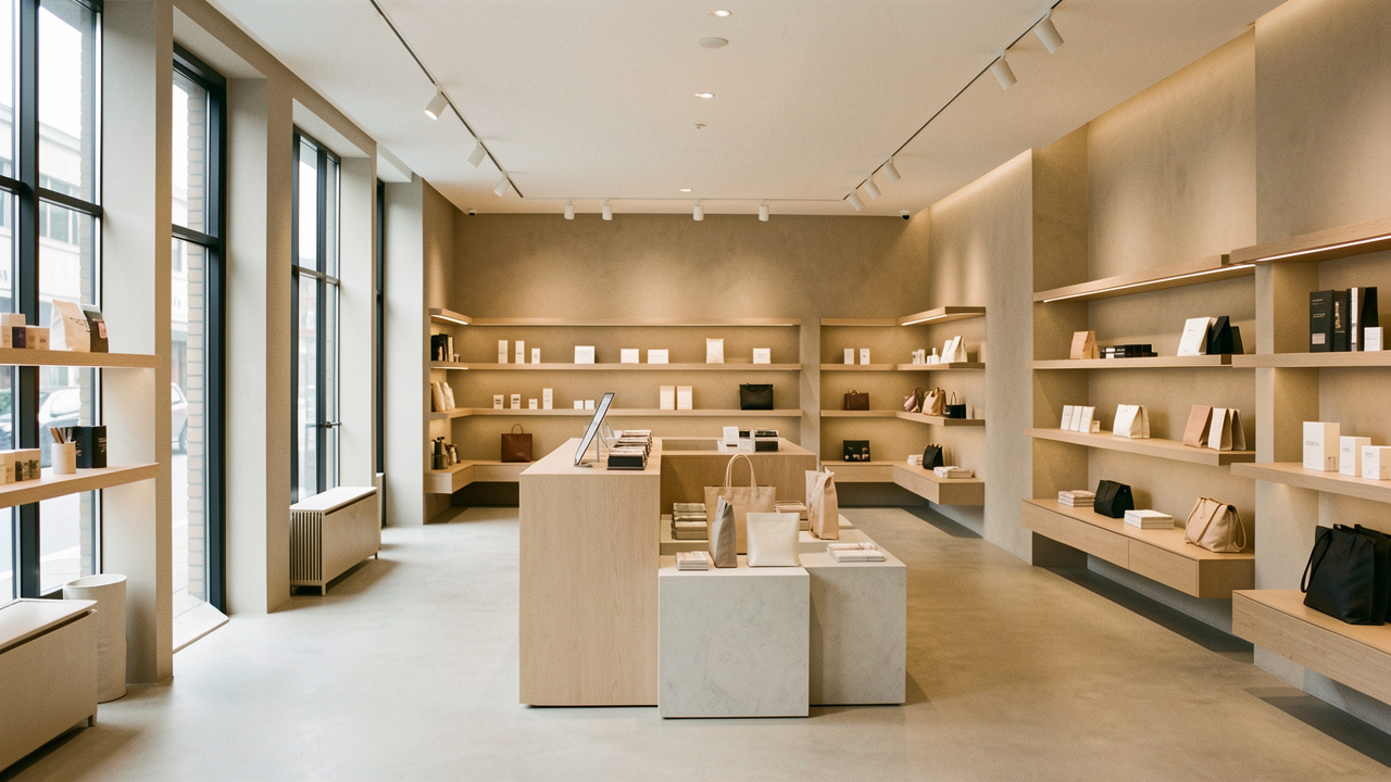 Intérieur d’un magasin moderne avec un parcours client fluide, des éléments d’orientation élégants intégrés à l’architecture et des produits mis en valeur sur des présentoirs et étagères, éclairage doux et ambiance réaliste.