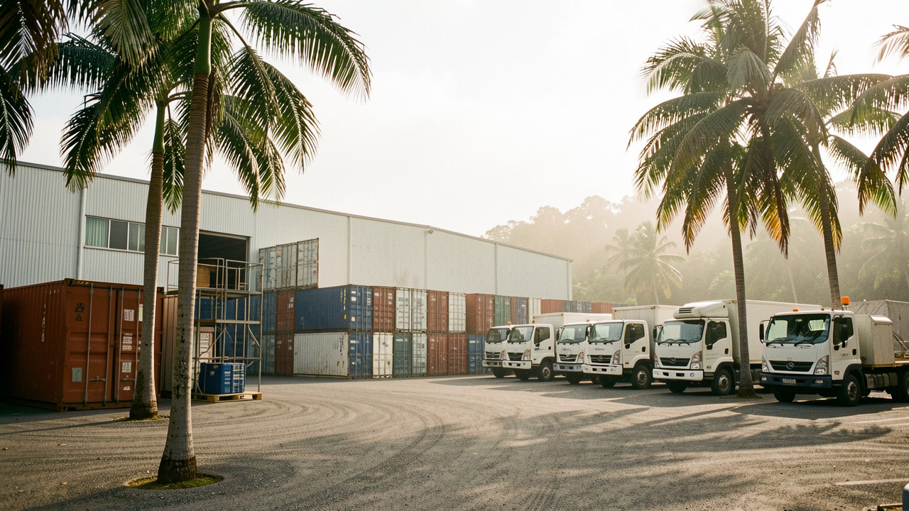 Cour de stockage d’une base logistique en Guyane avec des camions utilitaires, des conteneurs et une ambiance tropicale professionnelle sous une lumière chaude.