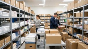 Vue professionnelle d'une réserve de magasin propre et organisée, avec deux femmes et un homme préparant le réassort devant des rayonnages modernes et des allées dégagées.