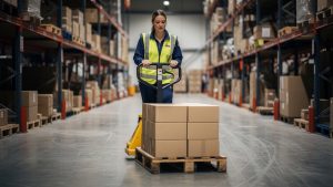 Une responsable de magasin, une femme en gilet de sécurité, utilise un transpalette manuel dans une réserve entre des palettes et des allées de stockage.