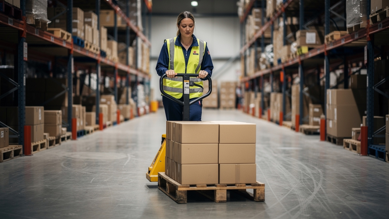 Une responsable de magasin, une femme en gilet de sécurité, utilise un transpalette manuel dans une réserve entre des palettes et des allées de stockage.