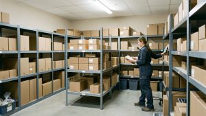 Réserve de magasin moderne avec des rayonnages bien organisés, des cartons neutres empilés et une employée préparant le réassort.