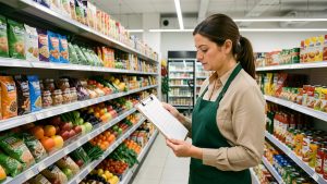 Une commerçante vérifie une checklist de conformité dans une épicerie moderne aux rayons alimentaires bien rangés.