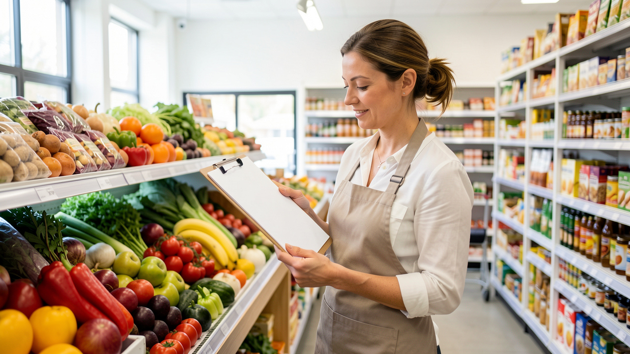 Une commerçante vérifie des documents de conformité sur un présentoir dans une épicerie moderne et lumineuse.