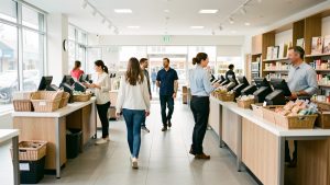 Commerce moderne lumineux où des clientes et des clients circulent aisément, accueillis par des vendeurs souriants près d’un espace de paiement bien organisé.