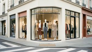 Boutique de prêt-à-porter contemporaine avec une vitrine soignée présentant des mannequins habillés de silhouettes complètes, vue depuis un passage piéton.