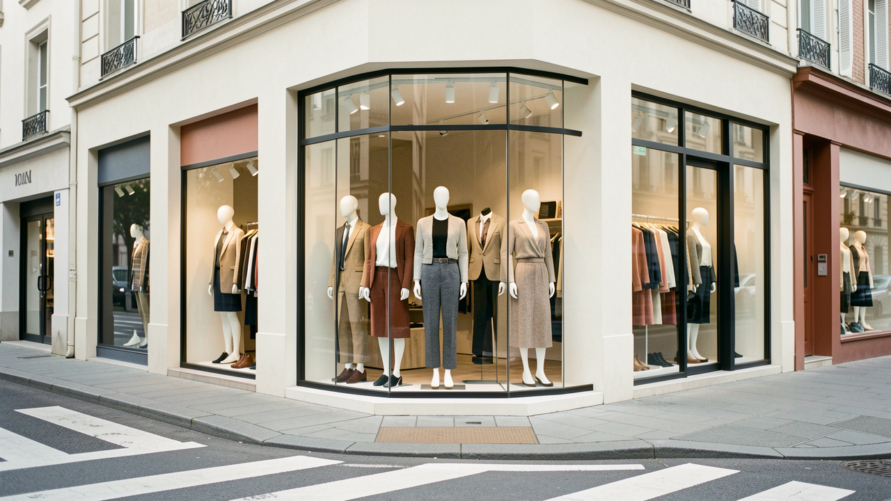 Boutique de prêt-à-porter contemporaine avec une vitrine soignée présentant des mannequins habillés de silhouettes complètes, vue depuis un passage piéton.