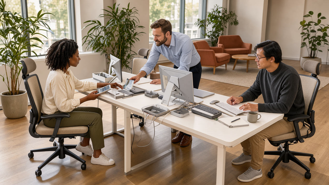Bureau moderne et lumineux avec trois collaborateurs, des plantes vertes, des espaces de travail soignés et une zone de détente accueillante.