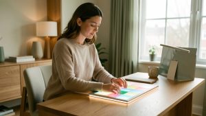Femme professionnelle détendue organisant un agenda lumineux abstrait dans un intérieur moderne et équilibré.