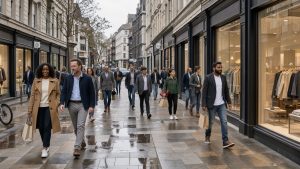 Rue commerçante britannique animée avec des vitrines modernes sans inscriptions et des hommes et des femmes circulant sur le trottoir.